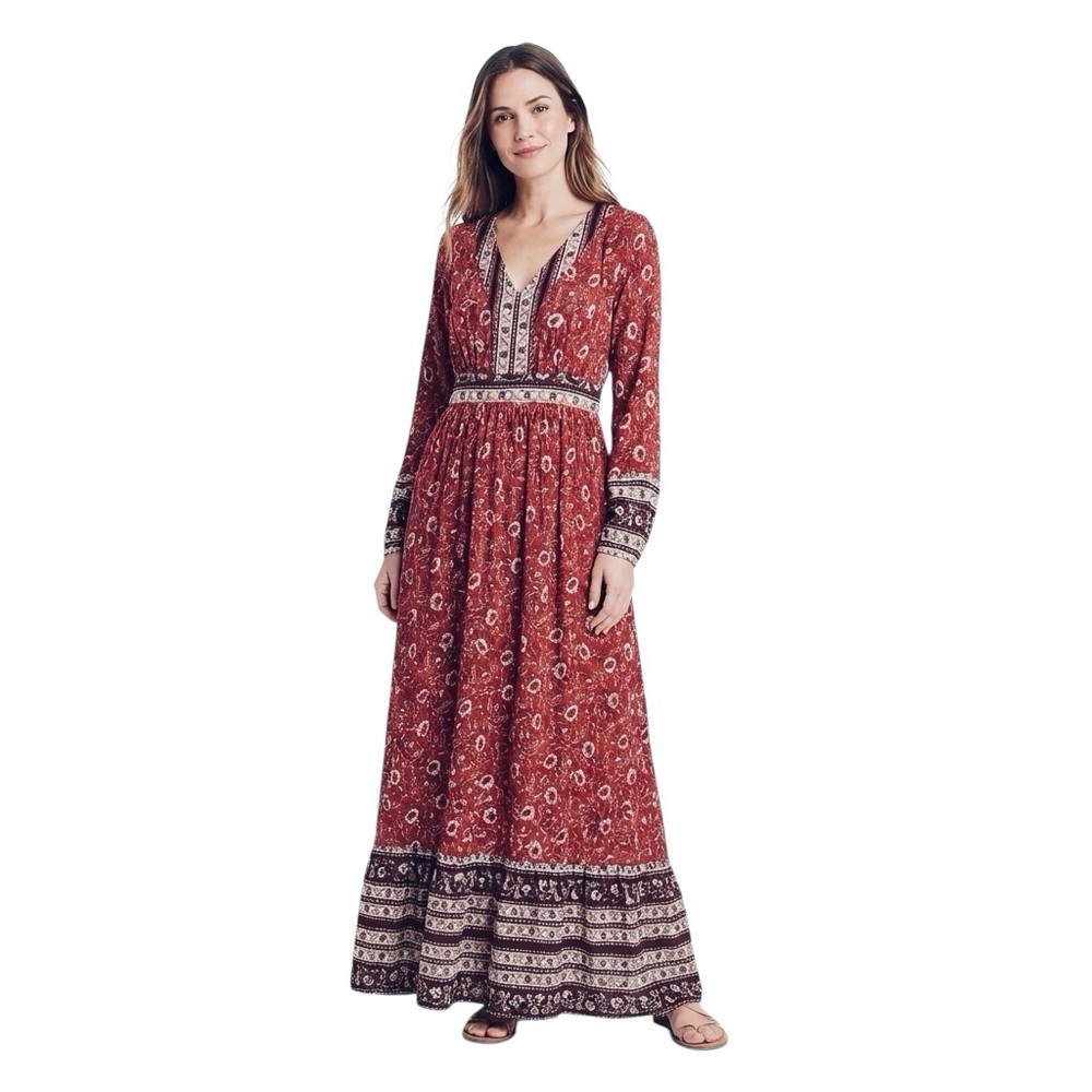 Knox Rose Boho Paisley Floral Bell Sleeve Maxi Dress Wine Red Cream Size Large